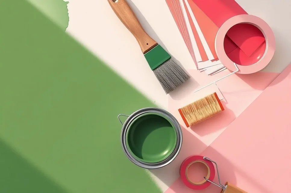 Pots de peinture, nuancier, brosses et rouleaux disposés à plat