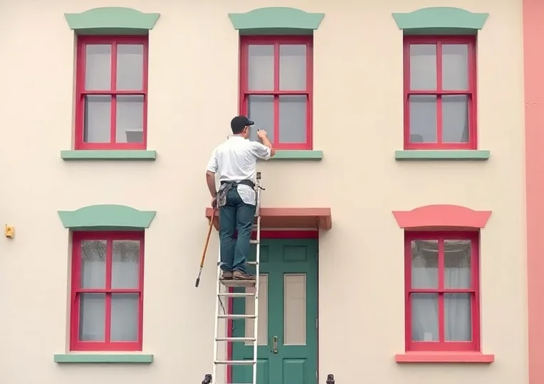 Peintre sur échafaudage traitant la façade d'une maison