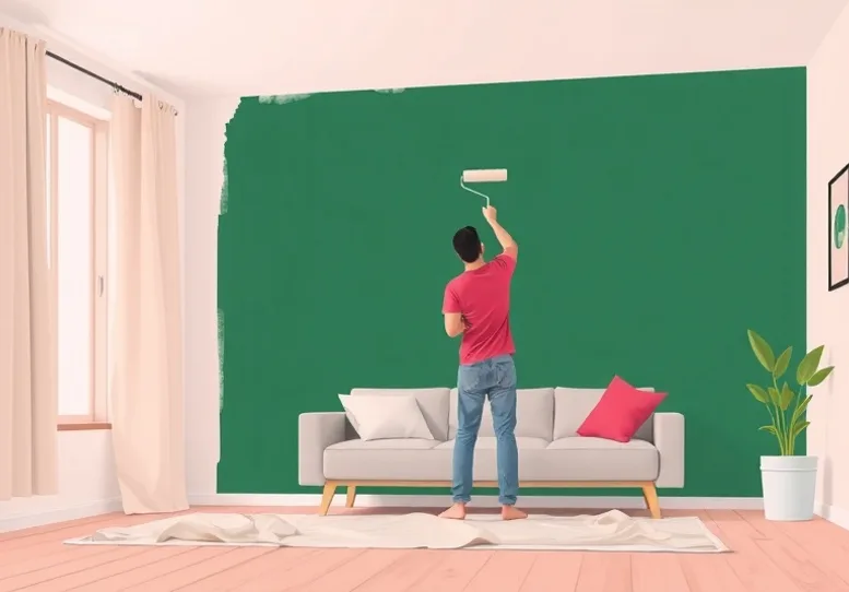 Peintre appliquant la peinture au rouleau sur un mur de salon